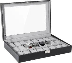 Watch Display Case, Watch Box for Men & Women Gift Uten smoothness uneven contributor Watch Box, 24 Slots Leather Watch Case, Watch Box Organizer Jewelry Storage with Large Glass Lid, 