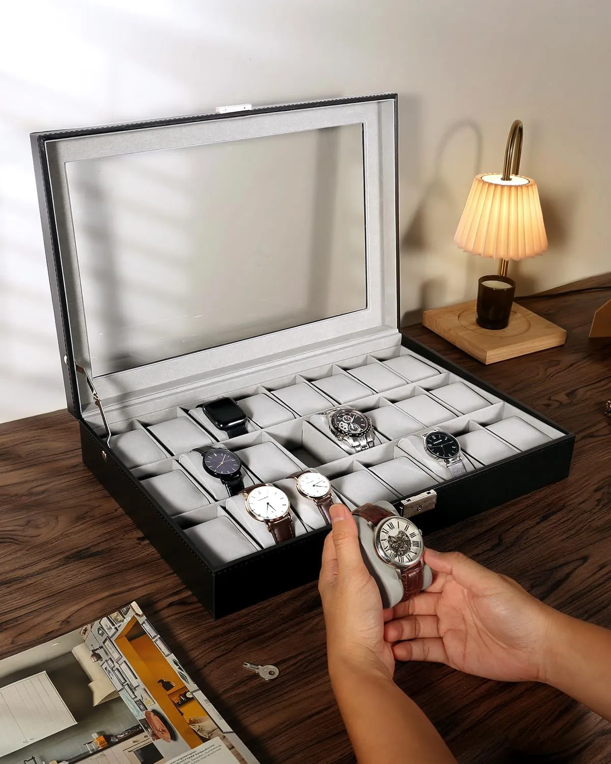 Watch Display Case, Watch Box for Men & Women Gift Uten smoothness uneven contributor Watch Box, 24 Slots Leather Watch Case, Watch Box Organizer Jewelry Storage with Large Glass Lid, 