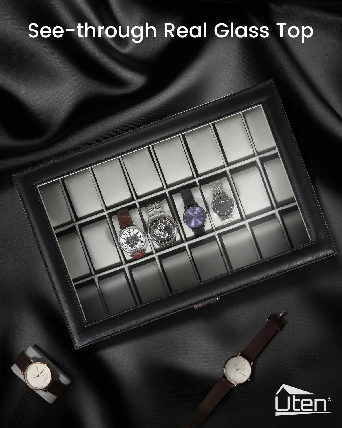 Watch Display Case, Watch Box for Men & Women Gift Uten smoothness uneven contributor Watch Box, 24 Slots Leather Watch Case, Watch Box Organizer Jewelry Storage with Large Glass Lid, 