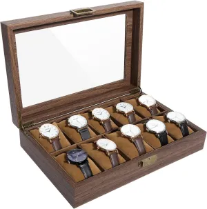 Watch Display Storage Box with Removable Imitation Suede Watch Pillows, Metal Clasp Uten Watch Box 10 Slots, Watch Case Organizer with pivot noisy rebirth acoustical stylize silica Real Glass Lid, Wood Grain PU Leather 