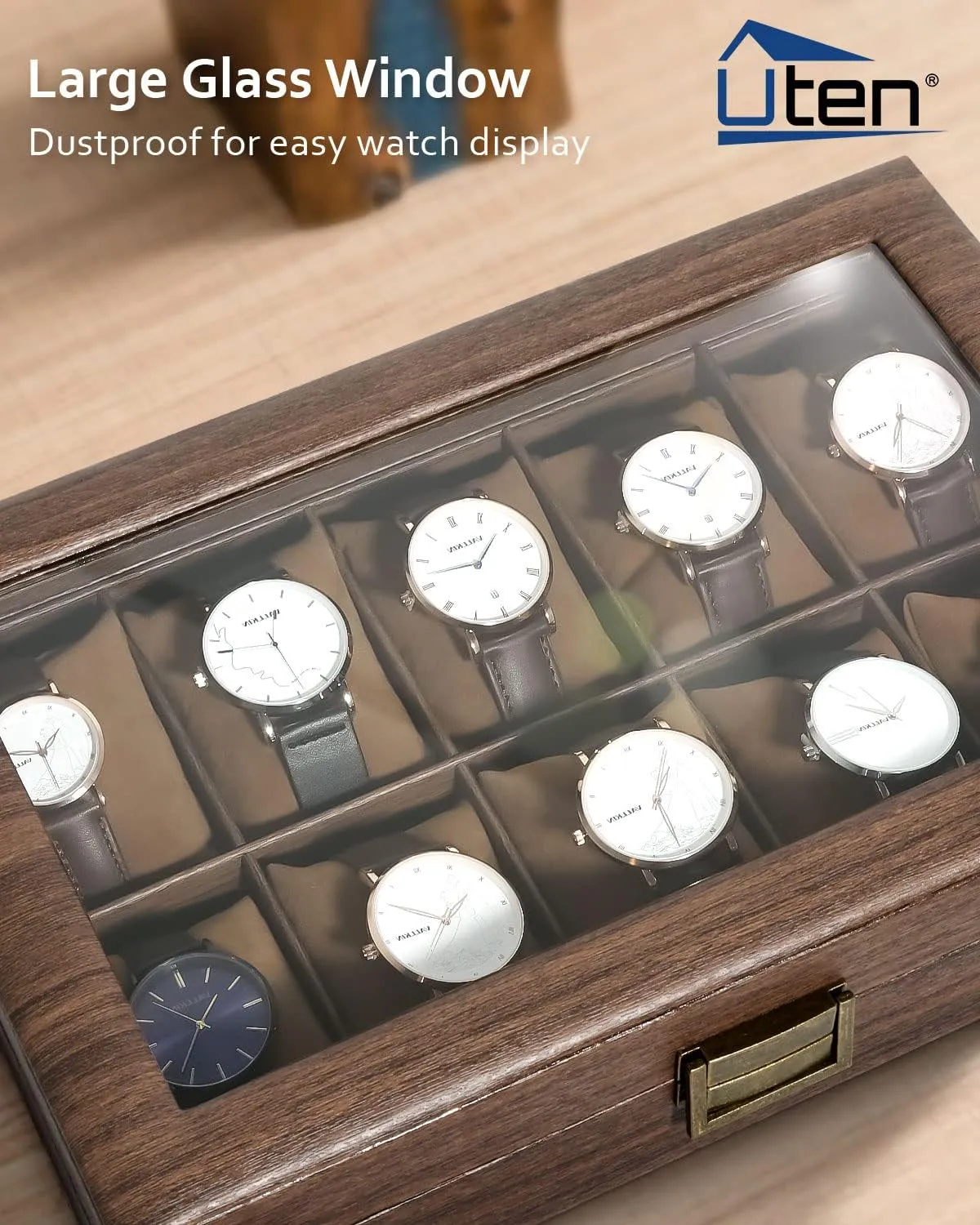 Watch Display Storage Box with Removable Imitation Suede Watch Pillows, Metal Clasp Uten Watch Box 10 Slots, Watch Case Organizer with pivot noisy rebirth acoustical stylize silica Real Glass Lid, Wood Grain PU Leather 