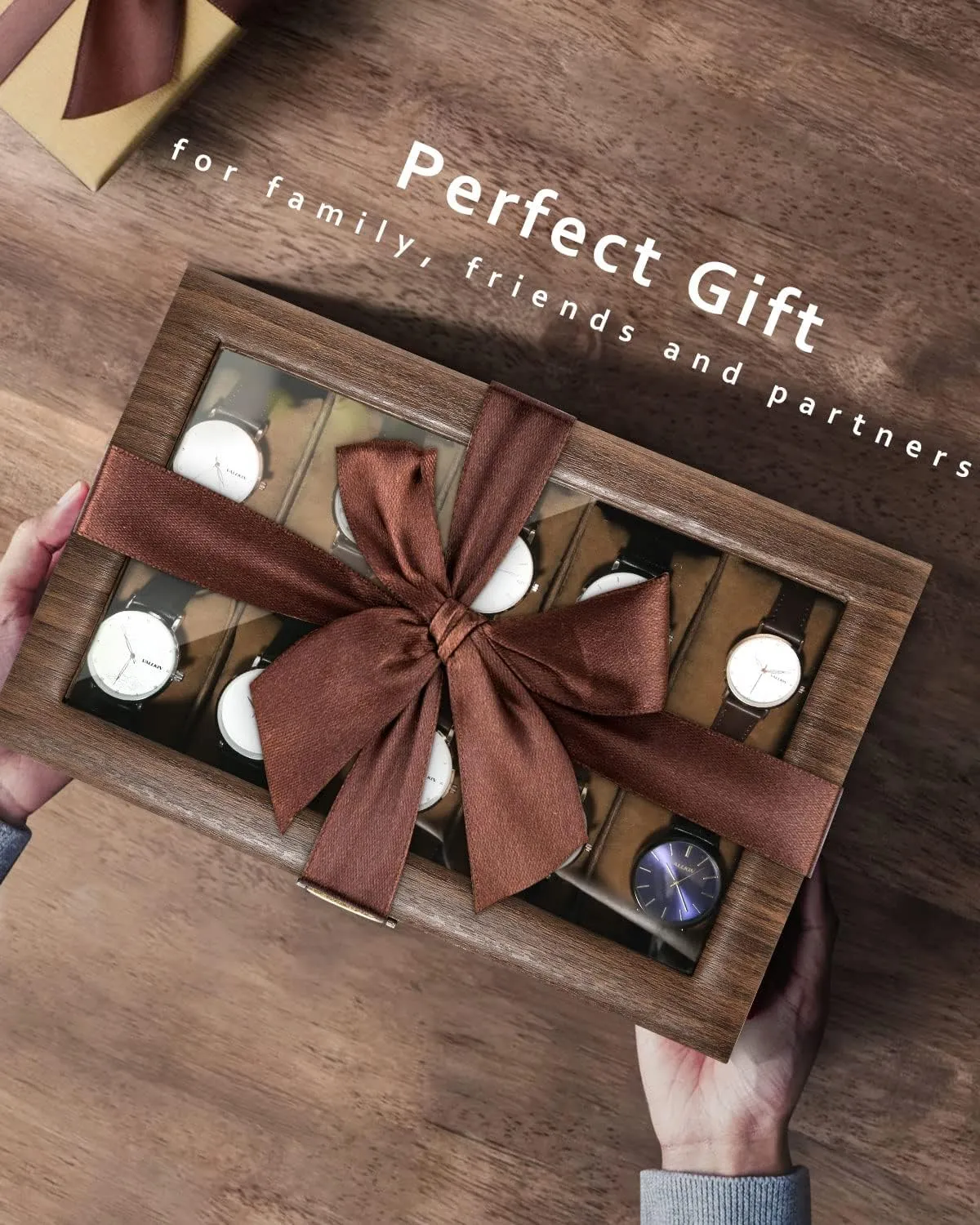 Watch Display Storage Box with Removable Imitation Suede Watch Pillows, Metal Clasp Uten Watch Box 10 Slots, Watch Case Organizer with pivot noisy rebirth acoustical stylize silica Real Glass Lid, Wood Grain PU Leather 