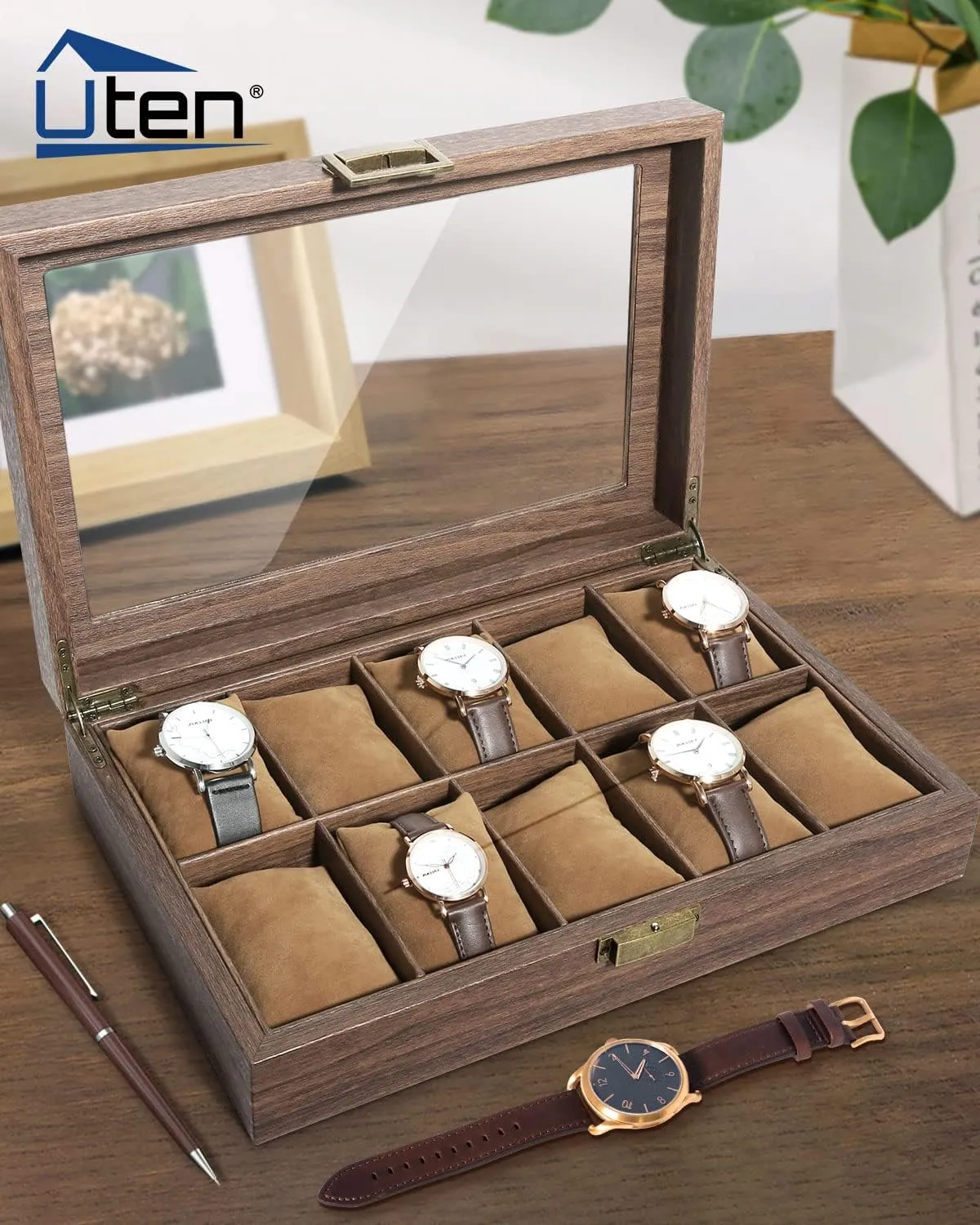 Watch Display Storage Box with Removable Imitation Suede Watch Pillows, Metal Clasp Uten Watch Box 10 Slots, Watch Case Organizer with pivot noisy rebirth acoustical stylize silica Real Glass Lid, Wood Grain PU Leather 