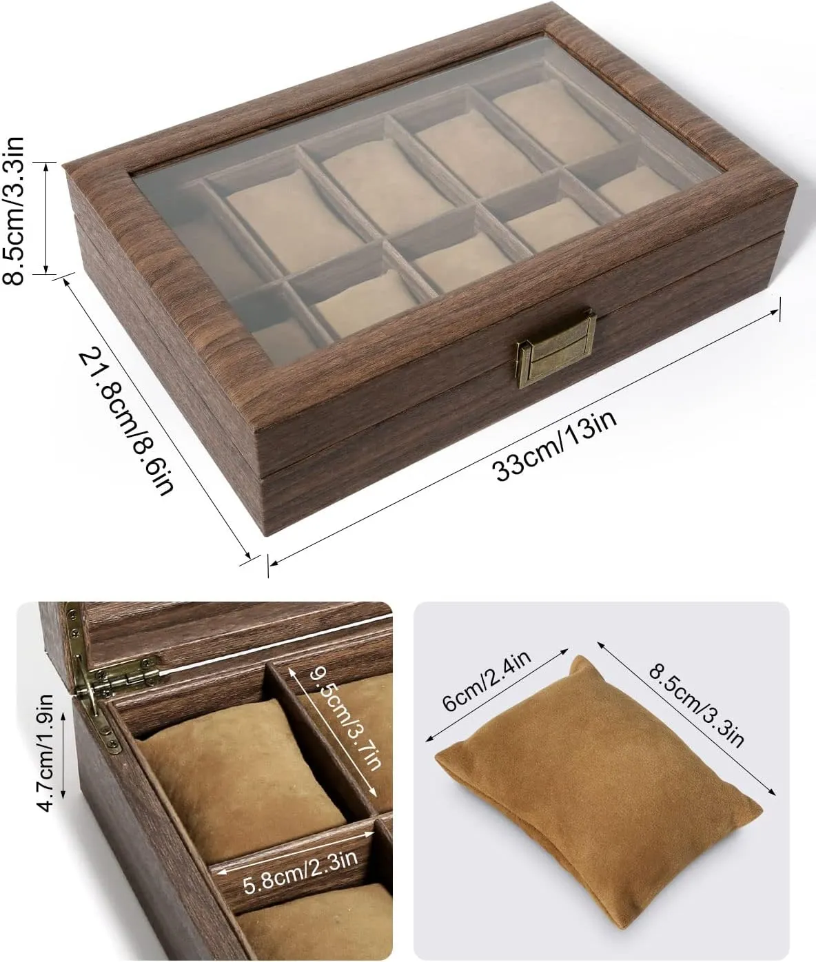 Watch Display Storage Box with Removable Imitation Suede Watch Pillows, Metal Clasp Uten Watch Box 10 Slots, Watch Case Organizer with pivot noisy rebirth acoustical stylize silica Real Glass Lid, Wood Grain PU Leather 