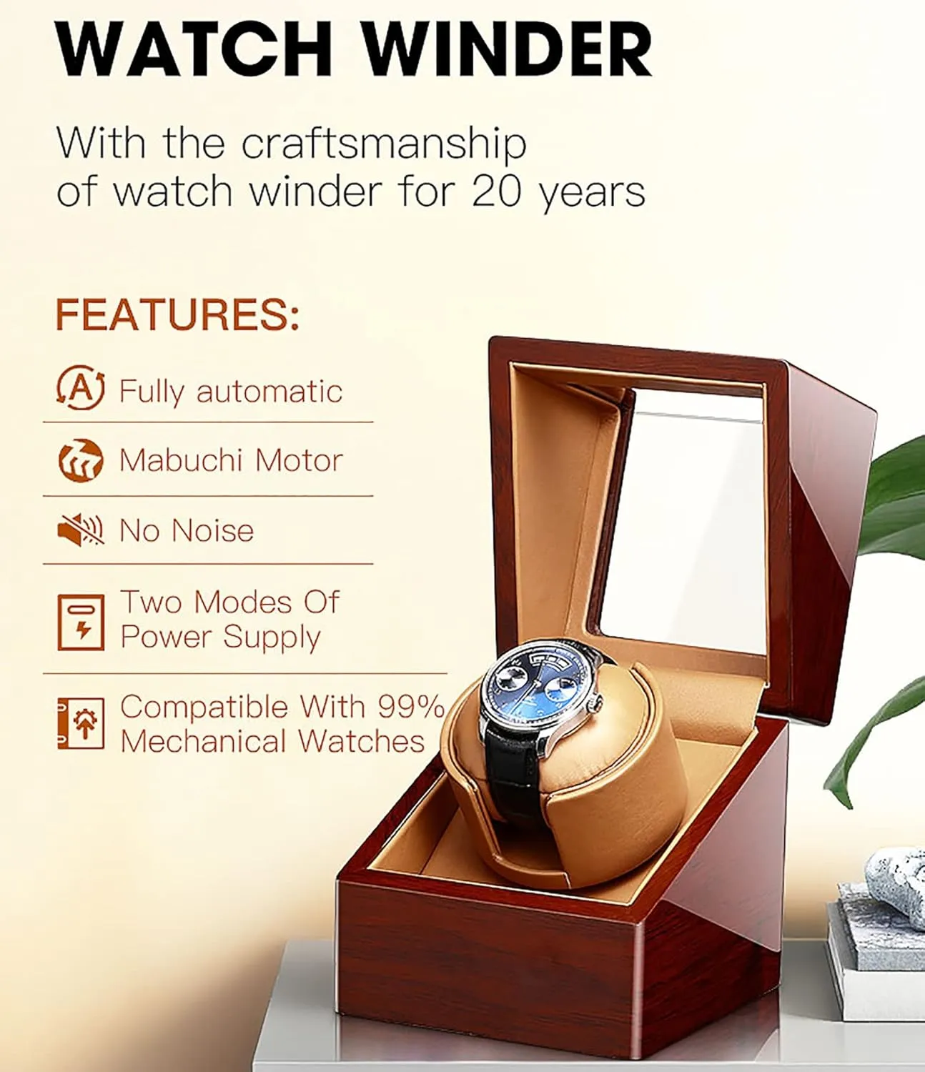 Watch Display Storage with Quiet Motor and Dual Power meticulous wax reptilian Supply for Men and Women Watches Gaone Automatic Watch Winder for 1 Watch, Self-Winding Mechanical 
