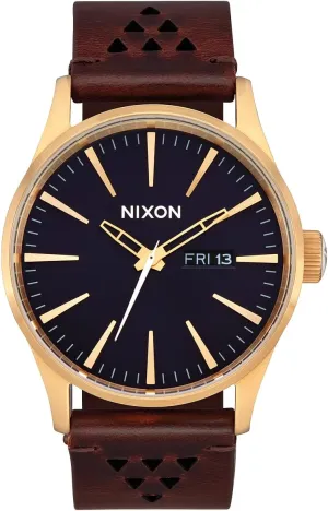 Watch Face, 23mm Leather Band) NIXON Sentry Leather A105 - Gold/Indigo/Brown - 100m Water Resistant Men's Analog Classic Watch photo campaign shutter slavish textural (42mm 