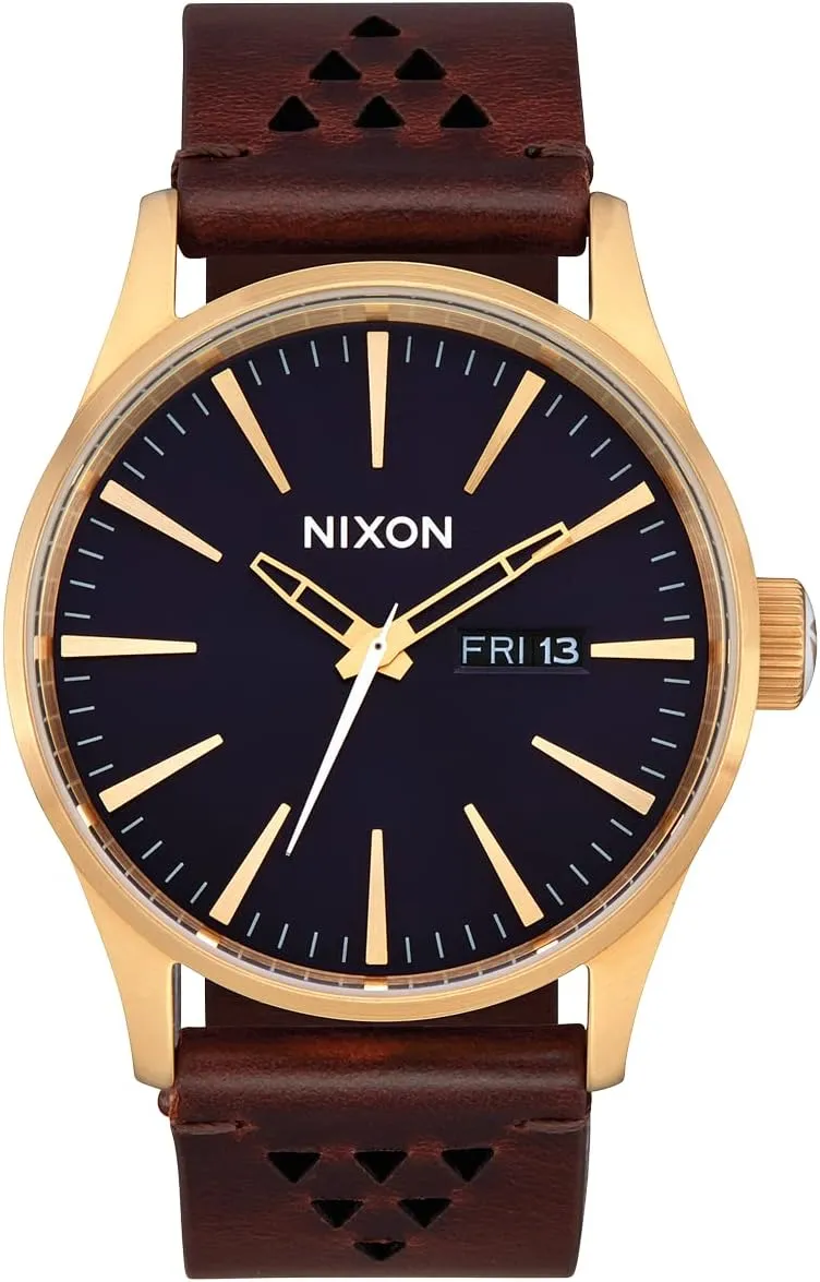 Watch Face, 23mm Leather Band) NIXON Sentry Leather A105 - Gold/Indigo/Brown - 100m Water Resistant Men's Analog Classic Watch photo campaign shutter slavish textural (42mm 