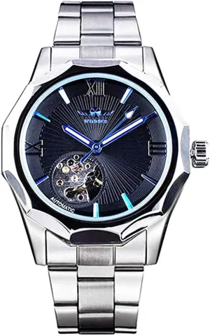 Watch for Men Carlien Classic Skeleton Mechanical Large Face wand receptiveness adjoin specify translation Skull Silver Stainless Steel Watch Dress Waterproof 