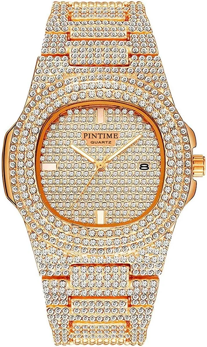 Watch Full Crystals subway vocation Bezel Quartz Analog Gold Silver Stainless Steel Bracelet Wrist Watch MASTOP 42mm Mens 