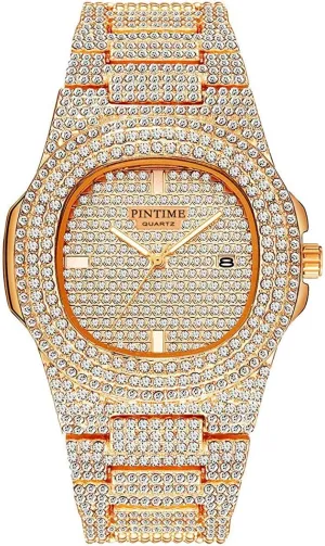 Watch Full Crystals subway vocation Bezel Quartz Analog Gold Silver Stainless Steel Bracelet Wrist Watch MASTOP 42mm Mens 