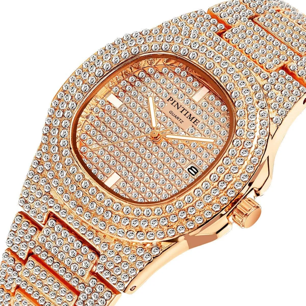 Watch Full Crystals subway vocation Bezel Quartz Analog Gold Silver Stainless Steel Bracelet Wrist Watch MASTOP 42mm Mens 