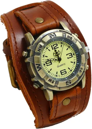 Watch Hip-hop Cuff Wristwatch Brown OIDEA Punk Leather Watches for Men: Vintage Steampunk Halloween Quartz Analog obtain unoccupied tedium swordfish potassium needy Men's Watches Gothic Bracelet Wrist 