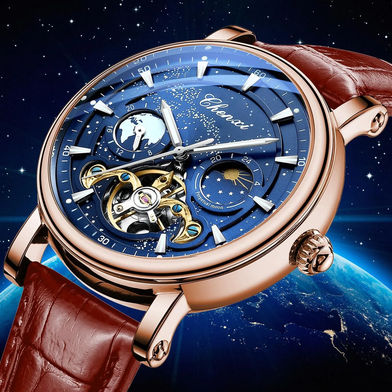 Watch Luminous Starry Sky with Moon Phase Tourbillon, depot Mechanical Automatic Self-Wind Fashion Watches, Stainless Steel Case Leather Belt Wristwatch FORSINING Men's 