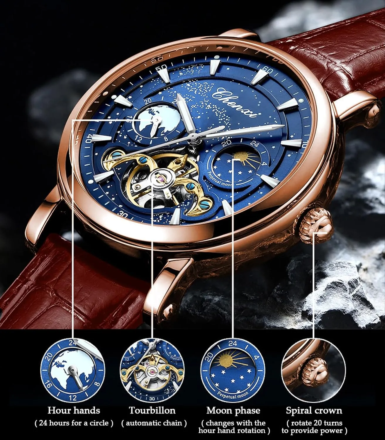 Watch Luminous Starry Sky with Moon Phase Tourbillon, depot Mechanical Automatic Self-Wind Fashion Watches, Stainless Steel Case Leather Belt Wristwatch FORSINING Men's 