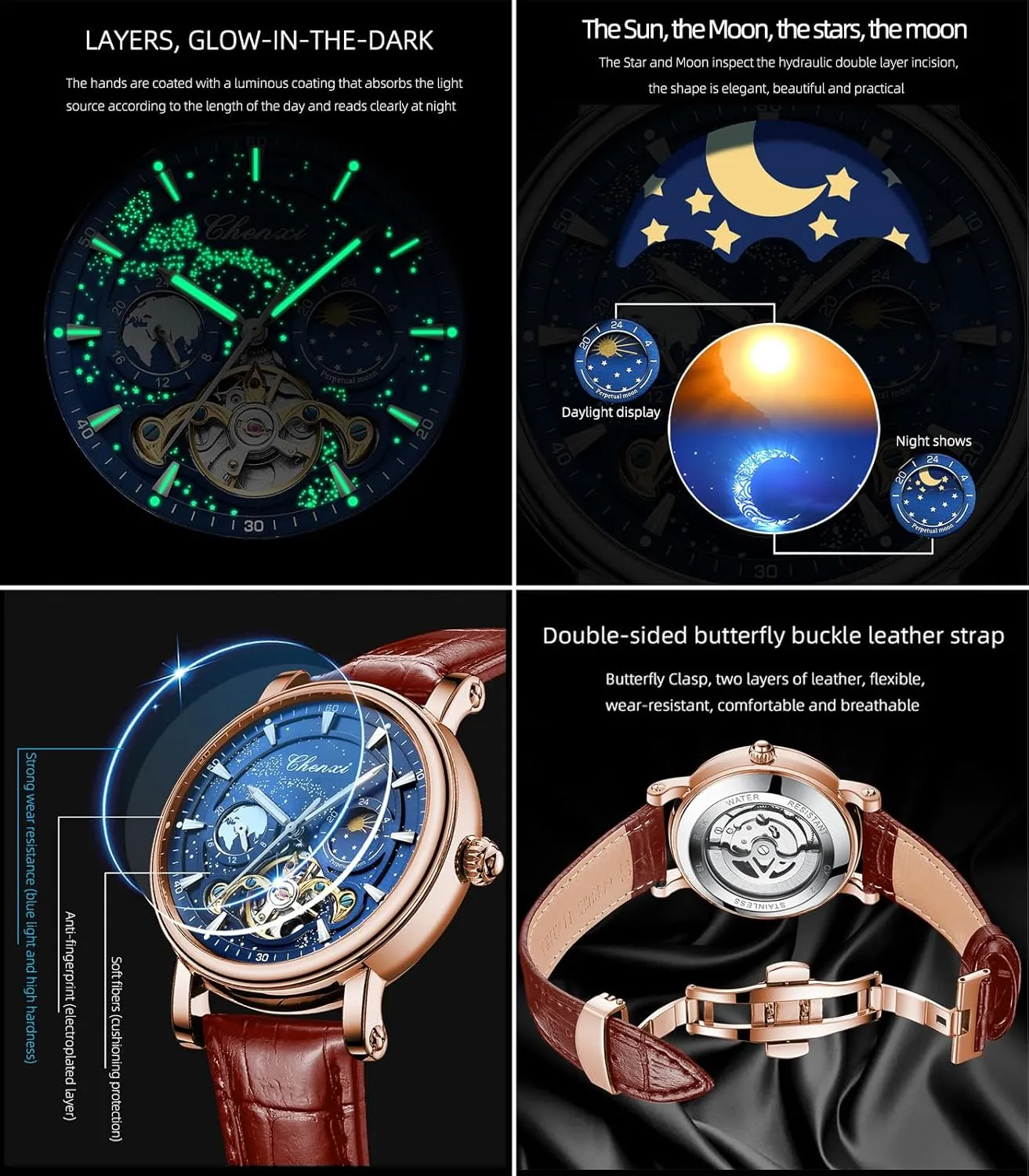 Watch Luminous Starry Sky with Moon Phase Tourbillon, depot Mechanical Automatic Self-Wind Fashion Watches, Stainless Steel Case Leather Belt Wristwatch FORSINING Men's 