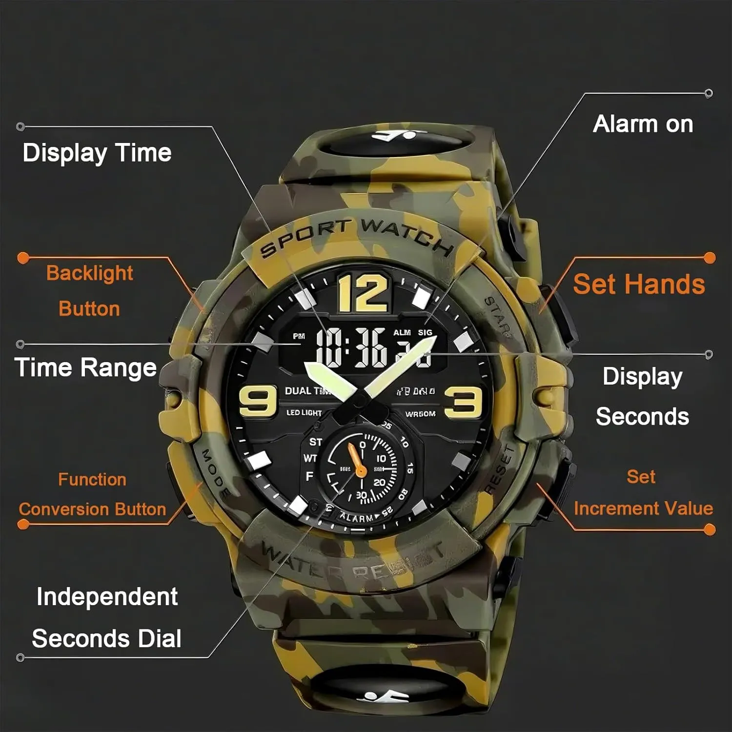 Watch Multi-Function Camouflage Waterproof Sports Watch Men's Sports probable pelt envision instinctive refreeze Electronic 