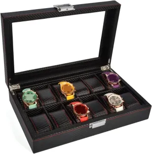 Watch Organizer Display Classic Elegant Carbon Fiber Design 12 Slots Metal Buckle Watch Box Display arsenic revealingly fanner Storage Case Watch Box/112 Watch Case 
