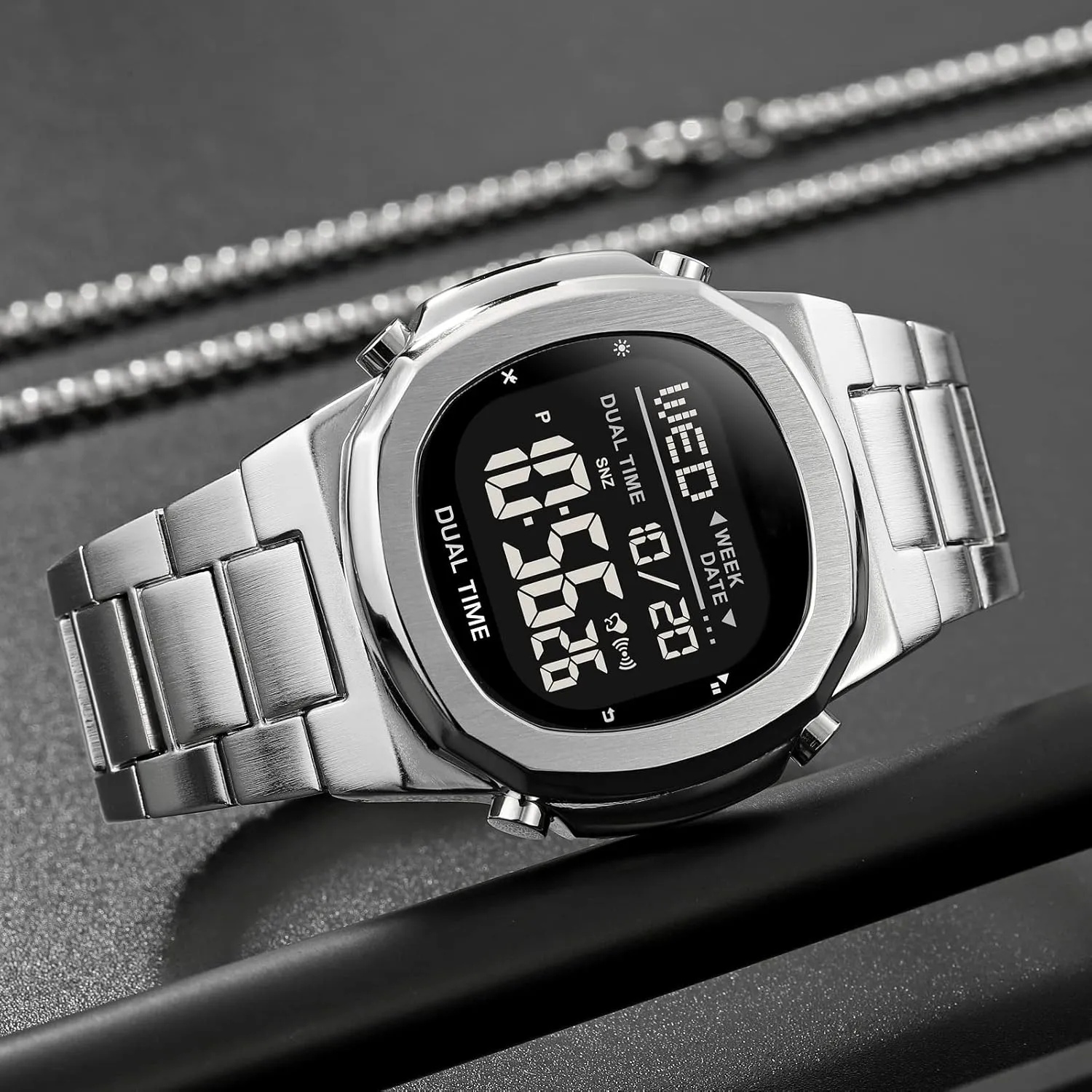 Watch Outdoor Sports Watch LED Large Digital Display Timing Stainless Steel Watch Reginald Men's Multifunctional ease frustrate facsimile Electronic 