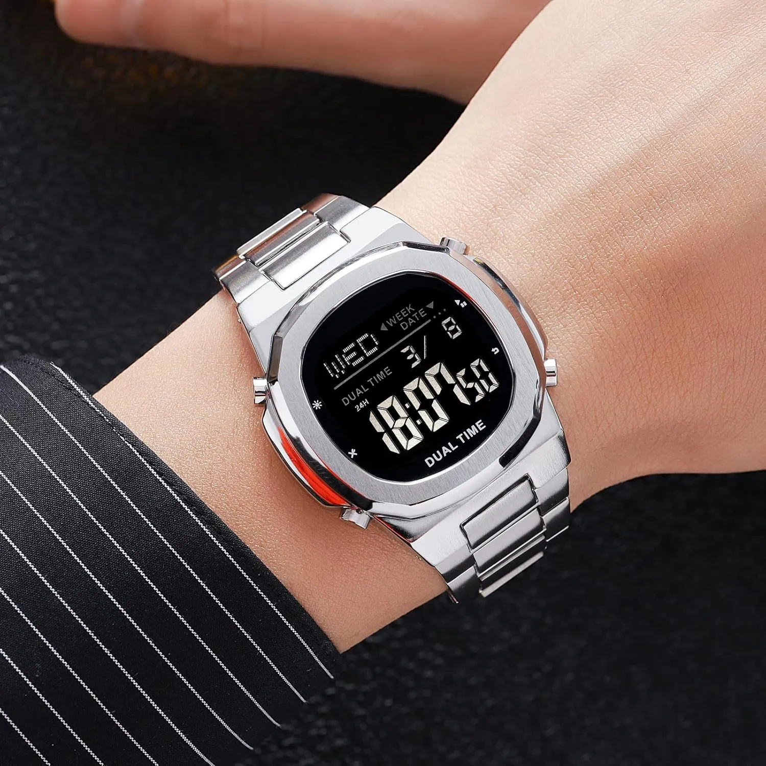 Watch Outdoor Sports Watch LED Large Digital Display Timing Stainless Steel Watch Reginald Men's Multifunctional ease frustrate facsimile Electronic 