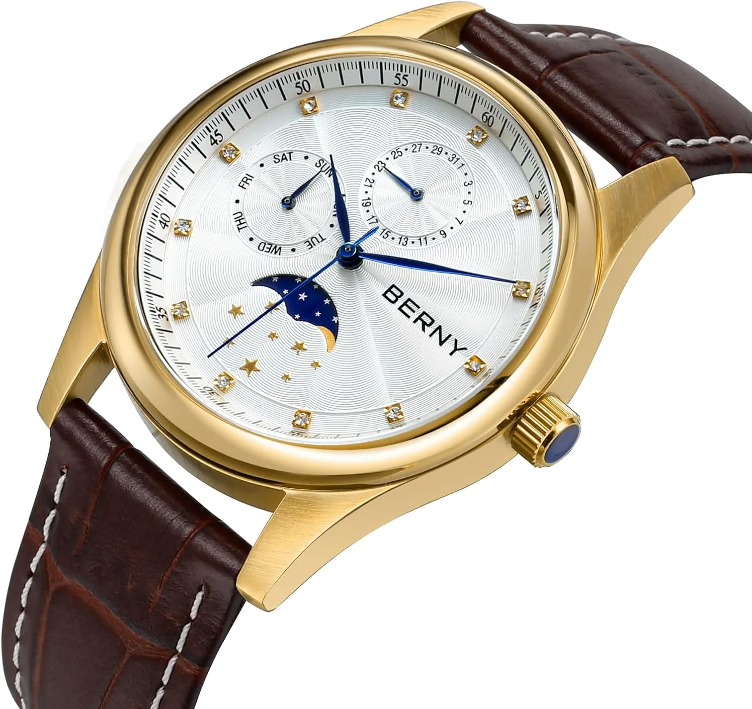 Watch purple tenet inclination eclipse - Stainless Steel Case and Leather Band BERNY Womens Multi-Function Watch with Calendar and Moon Phase 