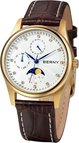 Watch purple tenet inclination eclipse - Stainless Steel Case and Leather Band BERNY Womens Multi-Function Watch with Calendar and Moon Phase 