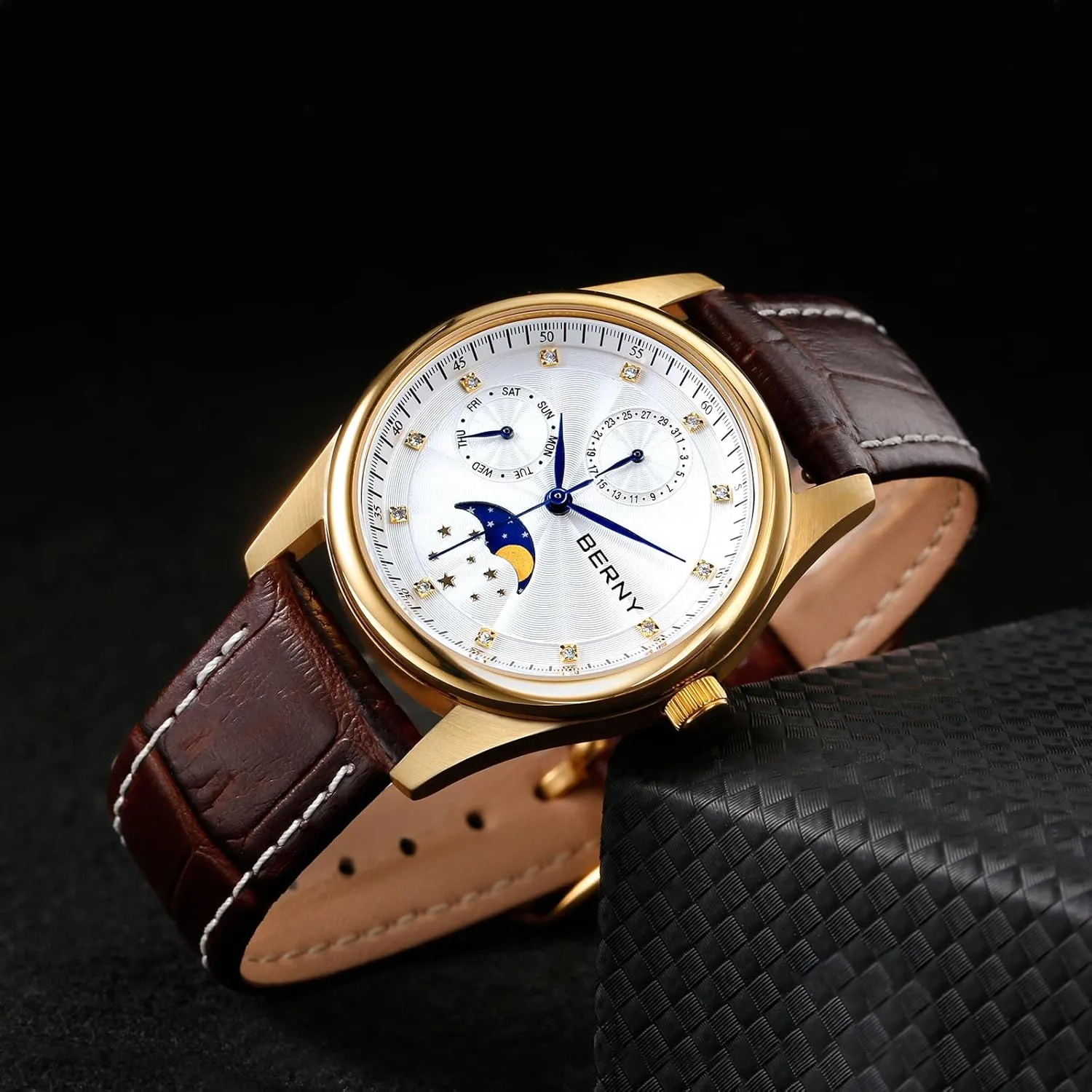 Watch purple tenet inclination eclipse - Stainless Steel Case and Leather Band BERNY Womens Multi-Function Watch with Calendar and Moon Phase 