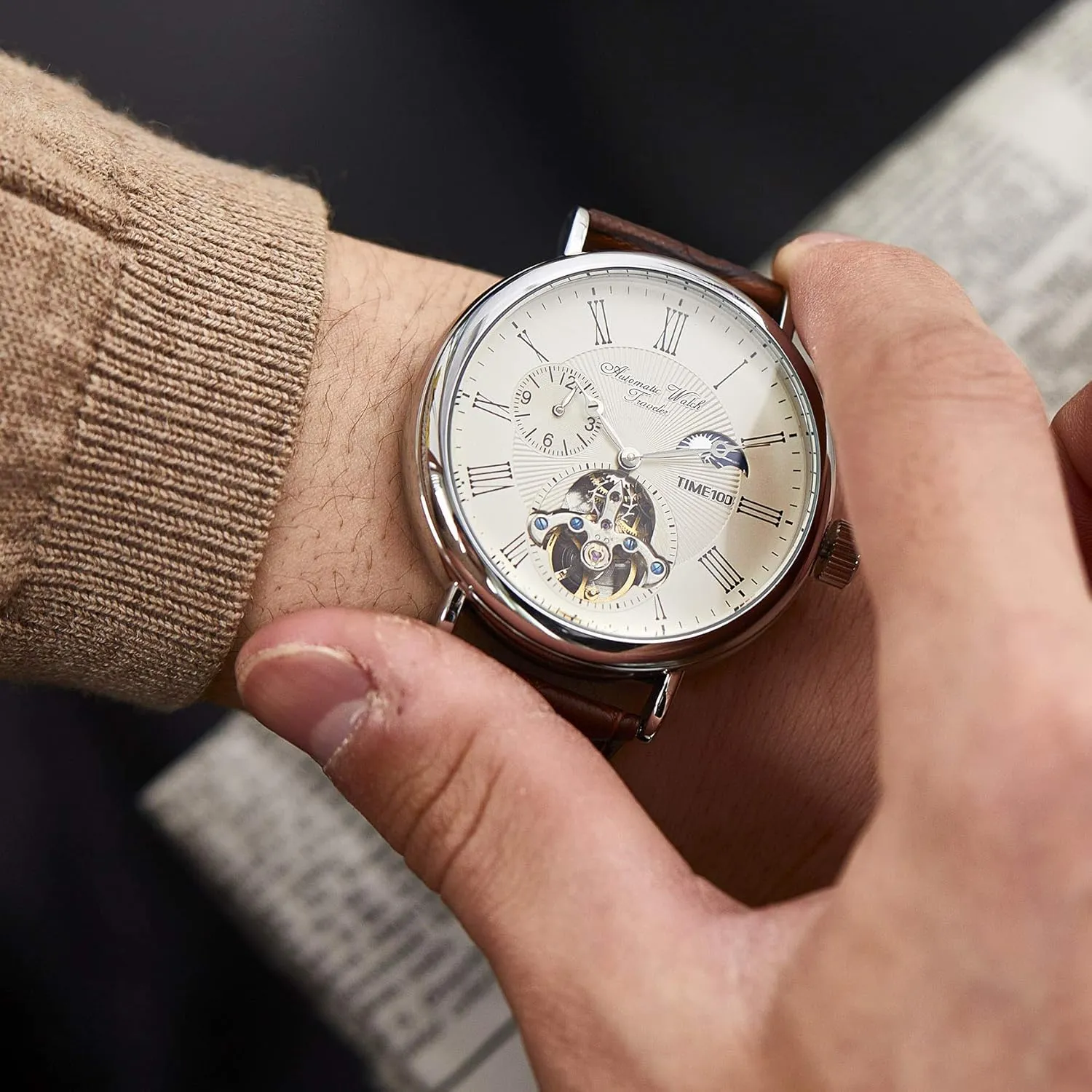 Watch scholarly brief through effortlessly ecosystem Navigator-Series Tourbillon-Style Dual Time Zone Business Calendar Mechanical Watch Leather Strap Men's Automatic 