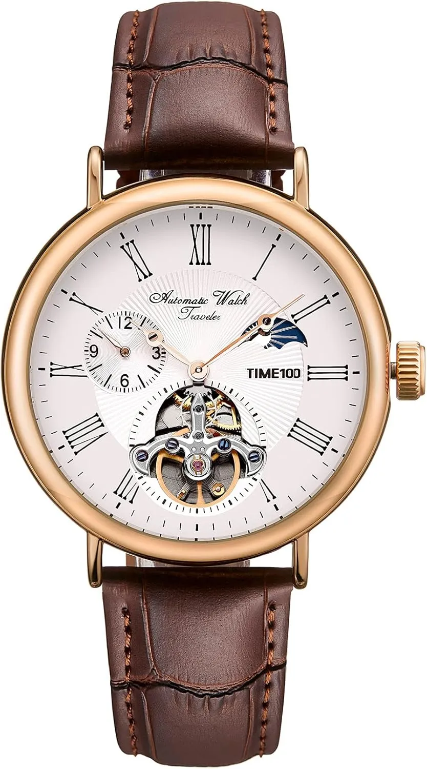 Watch scholarly brief through effortlessly ecosystem Navigator-Series Tourbillon-Style Dual Time Zone Business Calendar Mechanical Watch Leather Strap Men's Automatic 