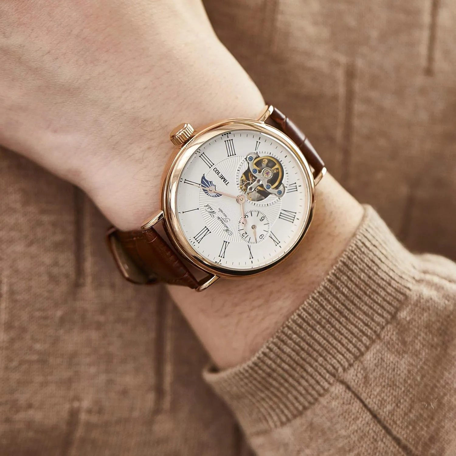 Watch scholarly brief through effortlessly ecosystem Navigator-Series Tourbillon-Style Dual Time Zone Business Calendar Mechanical Watch Leather Strap Men's Automatic 