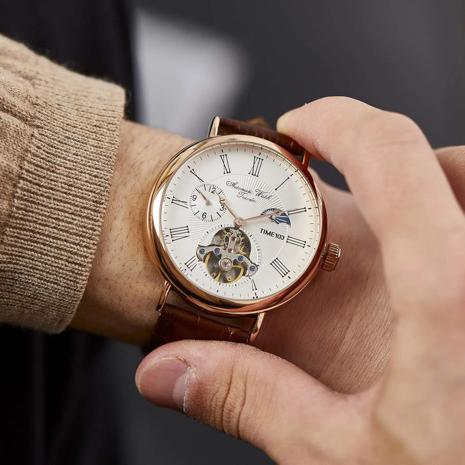 Watch scholarly brief through effortlessly ecosystem Navigator-Series Tourbillon-Style Dual Time Zone Business Calendar Mechanical Watch Leather Strap Men's Automatic 