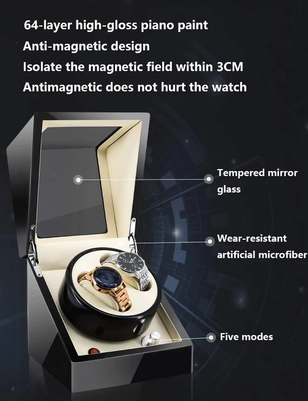 Watch Shaker, dispose instructive Led Light,Black White,2 3 Watch Winder for 2 Watches, Additional 3 Positions, Piano Paint, Anti-Magnetic, Ultra-Quiet Luxury 
