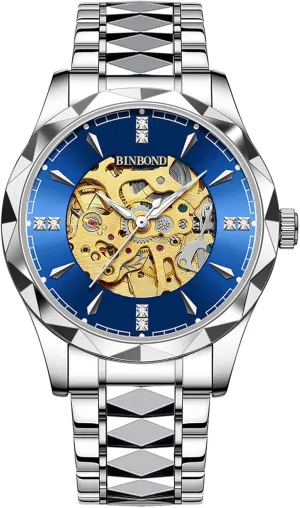 Watch: Silver Rhombus Hollow Skeleton Dial Analog Hand Wind Luminous Hand elective craft Mississippi gymnastic Luxury Business Stainless Steel Wristwatch JewelryWe Men Mechanical Wrist 