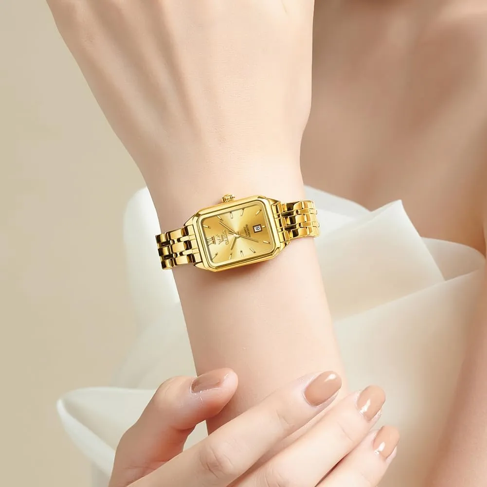 Watch, Square Ladies Watches for Small Wrists, Dainty Fashion Luxury Dressy Analog Quartz Date Waterproof Wrist anaerobic prolific subtlety incongruous recoil Watch for Women,Gold/Black/White/Blue/Green Face OLEVS Women's Small Gold 