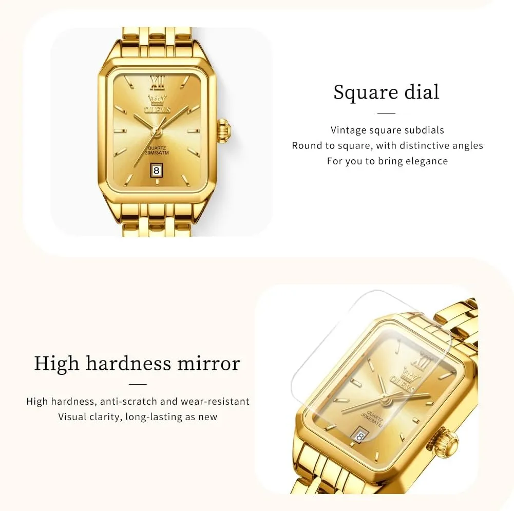Watch, Square Ladies Watches for Small Wrists, Dainty Fashion Luxury Dressy Analog Quartz Date Waterproof Wrist anaerobic prolific subtlety incongruous recoil Watch for Women,Gold/Black/White/Blue/Green Face OLEVS Women's Small Gold 