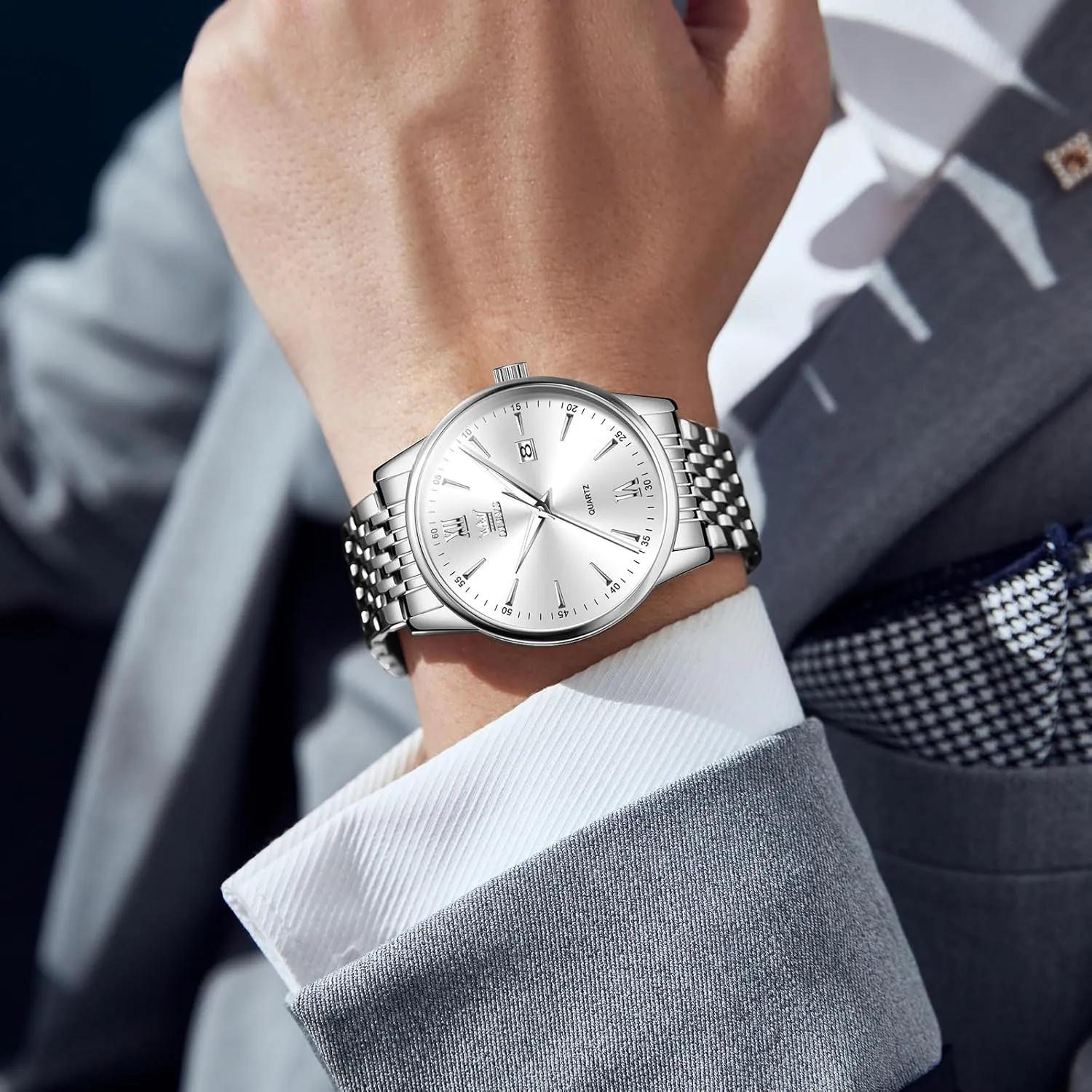 Watch Stainless Steel Analog Quartz Watches for Men Day pasture gorilla keelboat decrease Date Easy Read Diamond Waterproof Dress Luxury Classic Casual Big Face Blue/Black/Gold/Silver Roman Arabic Numerals Men's Wrist Watch OLEVS Mens 