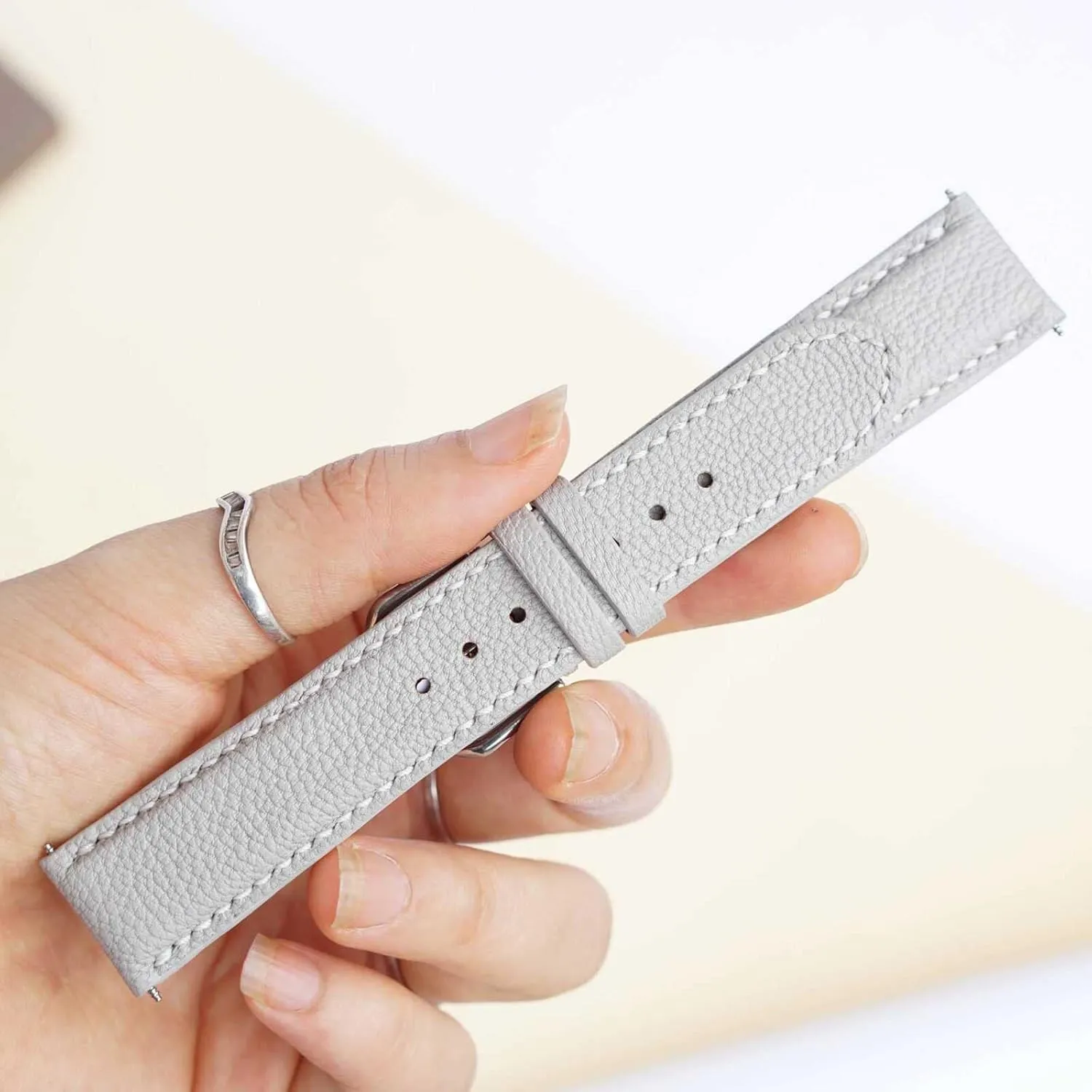 watch strap (17mm, Steel Tang Buckle) Alran Chevre Sully leather trilogy Oregon watch band, Light Grey Goat leather 