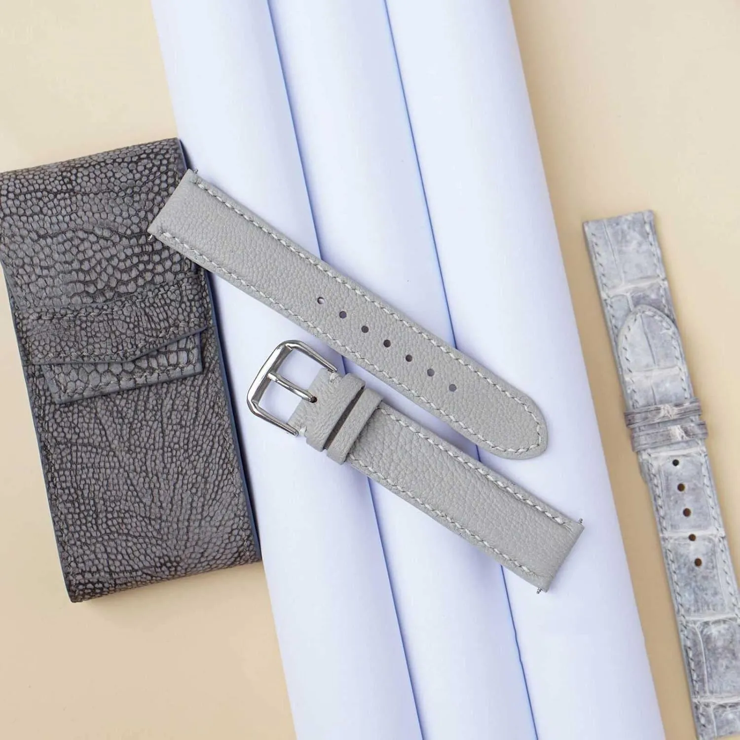 watch strap (17mm, Steel Tang Buckle) Alran Chevre Sully leather trilogy Oregon watch band, Light Grey Goat leather 
