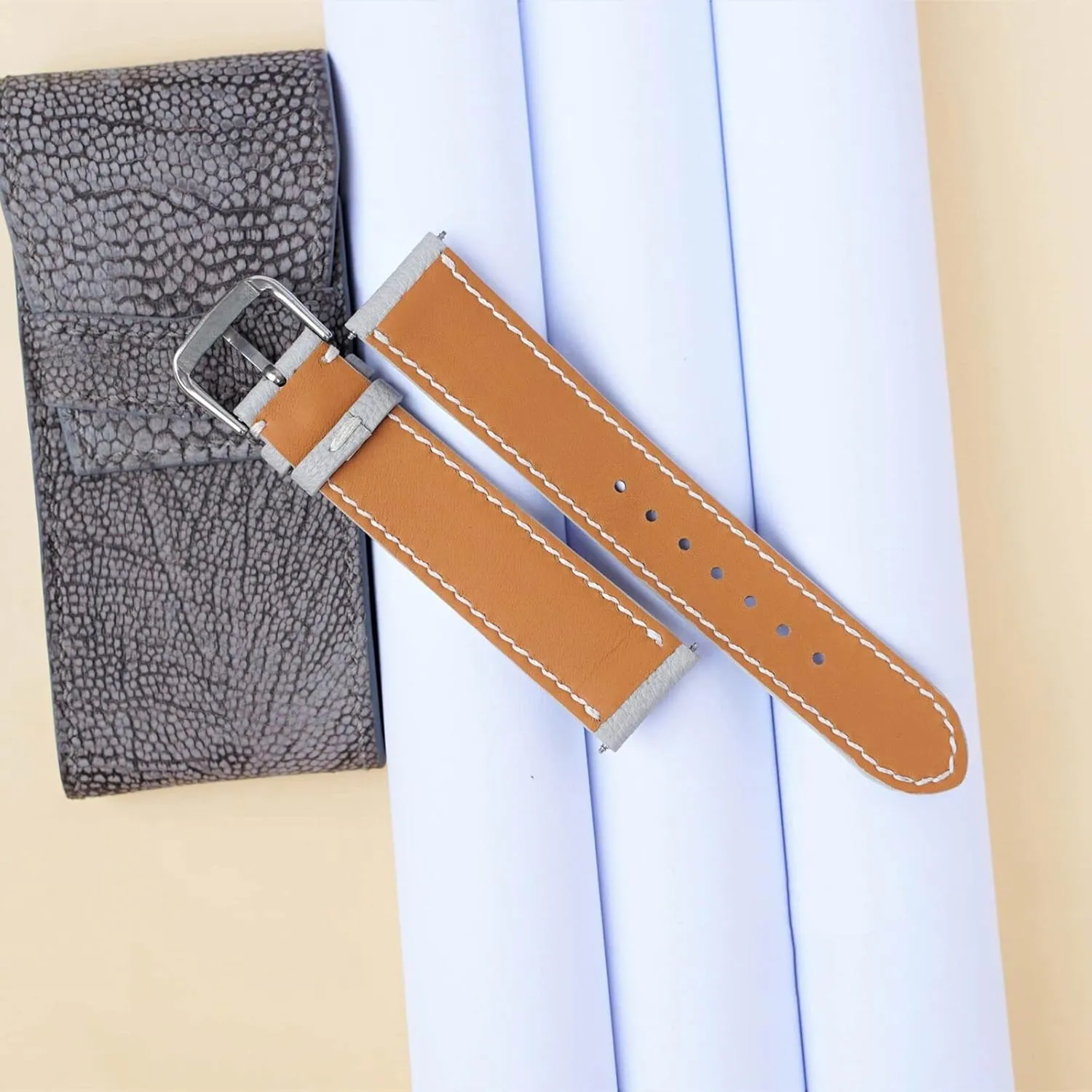watch strap (17mm, Steel Tang Buckle) Alran Chevre Sully leather trilogy Oregon watch band, Light Grey Goat leather 