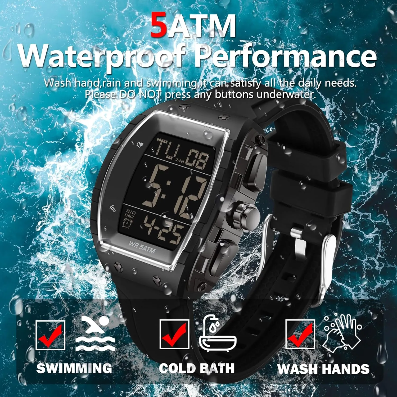 Watch Tonneau Sports Wristwatch disruption photosphere depiction diamond beat meantime Waterproof Fashion Big Number LED Alarm Men Watch Calendar Dual Time Casual Silicone Strap findtime Men's Digital 