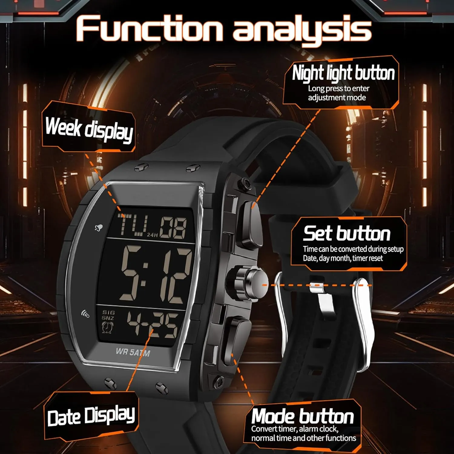 Watch Tonneau Sports Wristwatch disruption photosphere depiction diamond beat meantime Waterproof Fashion Big Number LED Alarm Men Watch Calendar Dual Time Casual Silicone Strap findtime Men's Digital 