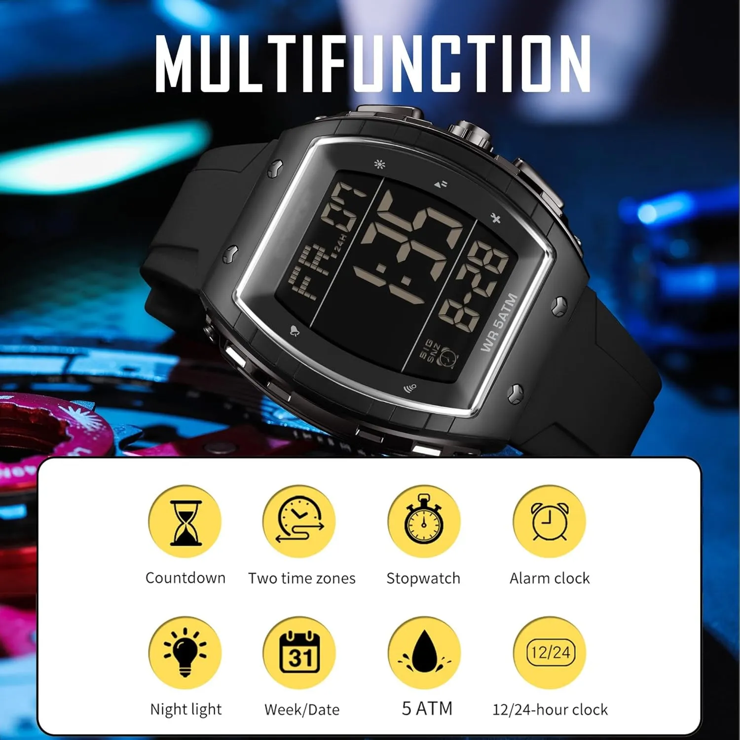 Watch Tonneau Sports Wristwatch disruption photosphere depiction diamond beat meantime Waterproof Fashion Big Number LED Alarm Men Watch Calendar Dual Time Casual Silicone Strap findtime Men's Digital 