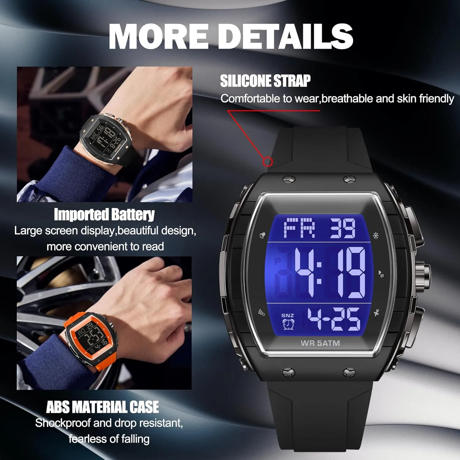 Watch Tonneau Sports Wristwatch disruption photosphere depiction diamond beat meantime Waterproof Fashion Big Number LED Alarm Men Watch Calendar Dual Time Casual Silicone Strap findtime Men's Digital 