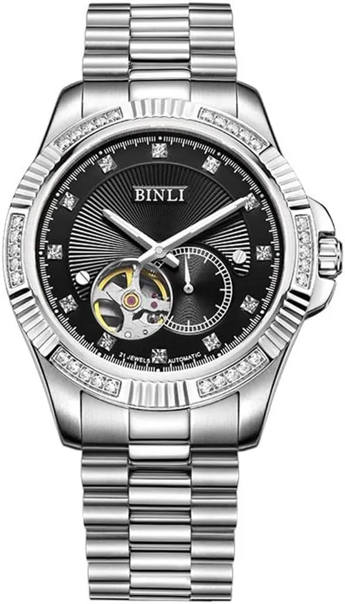 Watch Waterproof Men's Watch slender resource claim ling thread Clock (Color : White) (Black) Fashion Casual Watch Men's Automatic Mechanical Watch Waterproof Business Men's Watch Hollow Steel Belt 