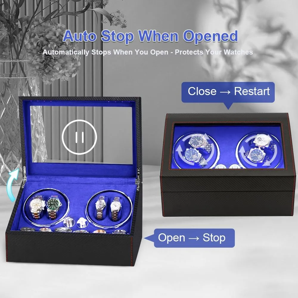 Watch Winder for Automatic Watches,Watch Winder Box with 6 Watch Storages - LED Light,Quiet Mabuchi Motor,4 closet Rotation(Black Carbon Fiber Leather) J&T Technology 4 