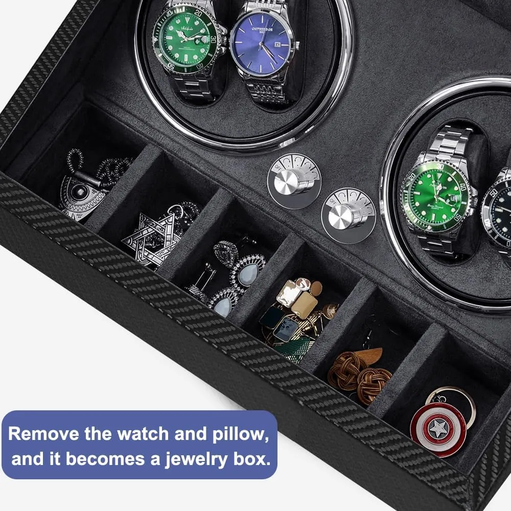 Watch Winder for Automatic Watches,Watch Winder Box with 6 Watch Storages - LED Light,Quiet Mabuchi Motor,4 closet Rotation(Black Carbon Fiber Leather) J&T Technology 4 