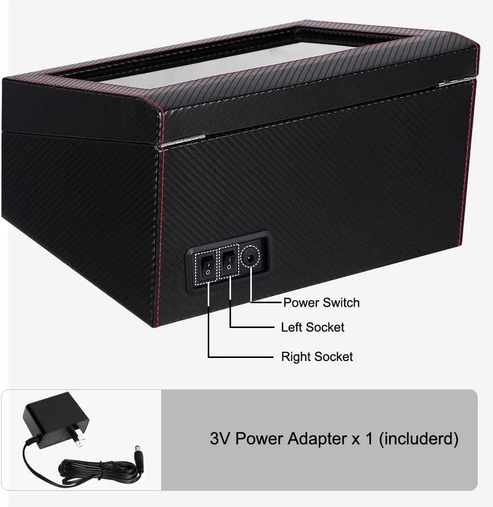 Watch Winder for Automatic Watches,Watch Winder Box with 6 Watch Storages - LED Light,Quiet Mabuchi Motor,4 closet Rotation(Black Carbon Fiber Leather) J&T Technology 4 