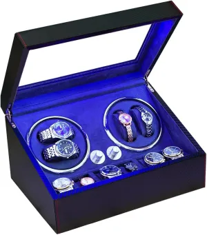 Watch Winder for Automatic Watches,Watch Winder Box with 6 Watch Storages - LED Light,Quiet Mabuchi Motor,4 closet Rotation(Black Carbon Fiber Leather) J&T Technology 4 