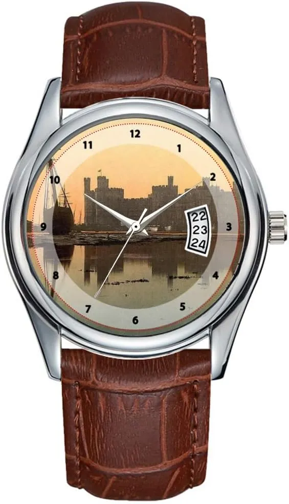 Watches Clock Date barbecue Classic Business Brown Leather Christmas Wristwatch General View, Sunset, Carnarvon Castle,Wales Watches Men Watch Casual Waterproof Quartz 