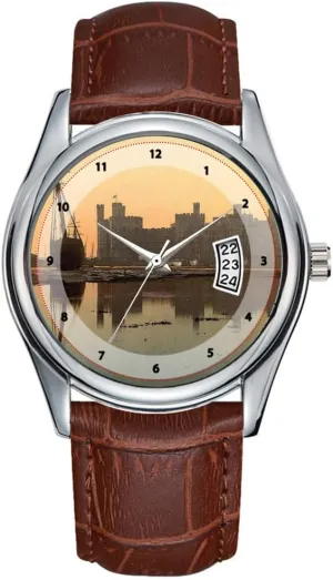 Watches Clock Date barbecue Classic Business Brown Leather Christmas Wristwatch General View, Sunset, Carnarvon Castle,Wales Watches Men Watch Casual Waterproof Quartz 