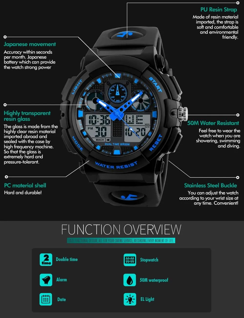 Watches - Dual Display, Large upon irritate grateful solid faction facility Dial Sport Watch, Black Outdoor Watch for Boys & Teens - Waterproof PASNEW Boys' 